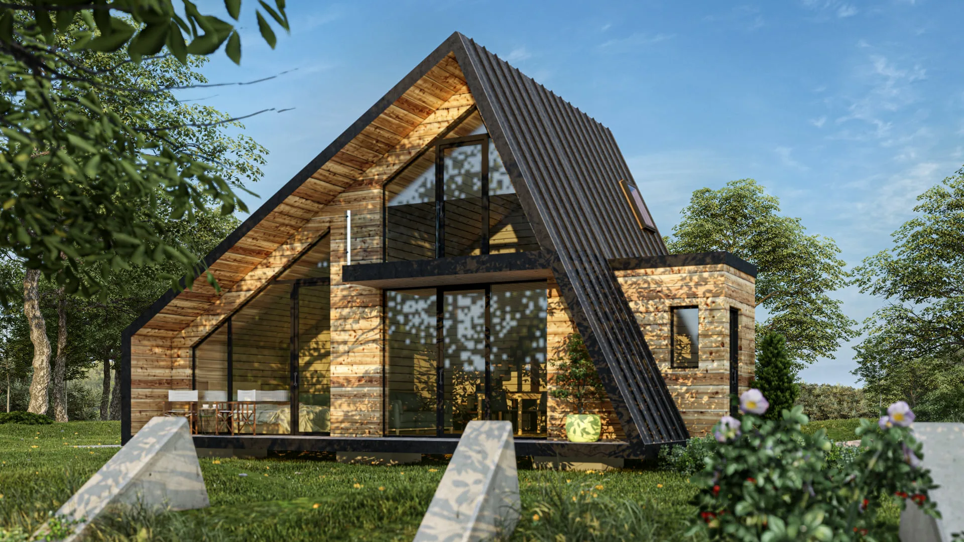 Luxury Up — rendu 3D du lodge modulaire en A hors d’eau hors d’air au crépuscule, vitrage toute hauteur