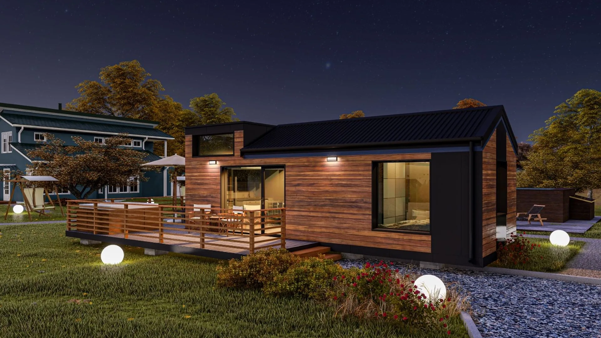 Kubo Loft — rendu 3D du lodge modulaire clé en main au crépuscule, terrasse éclairée